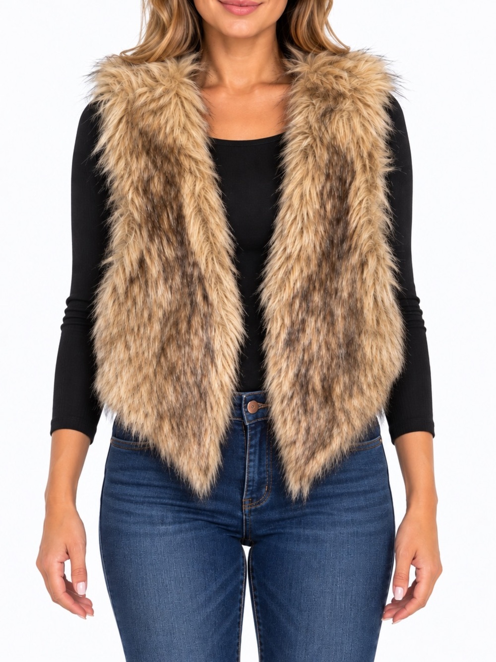 Me Jane Faux Fur Vest Brown Tan Open Front Size Medium